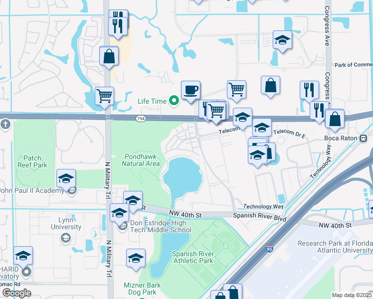 map of restaurants, bars, coffee shops, grocery stores, and more near Northwest 48th Lane in Boca Raton