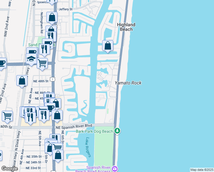 map of restaurants, bars, coffee shops, grocery stores, and more near 4748 South Ocean Boulevard in Highland Beach