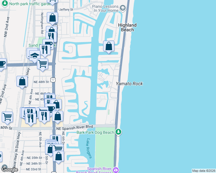 map of restaurants, bars, coffee shops, grocery stores, and more near 4401 North Ocean Boulevard in Boca Raton