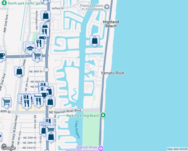 map of restaurants, bars, coffee shops, grocery stores, and more near 4748 South Ocean Boulevard in Highland Beach