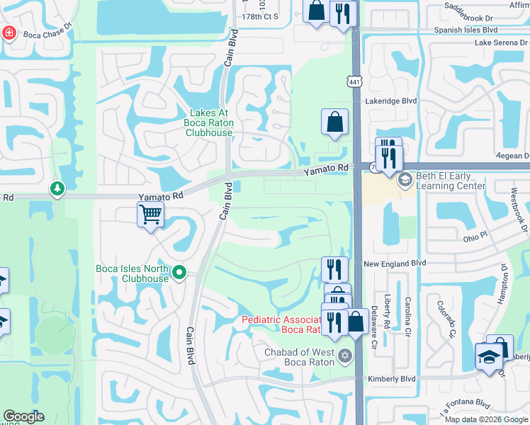 map of restaurants, bars, coffee shops, grocery stores, and more near 10385 Milburn Lane in Boca Raton
