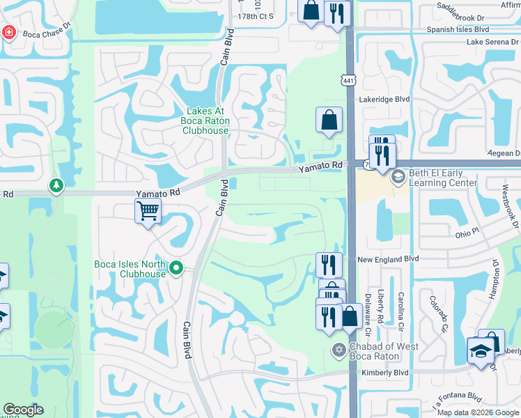 map of restaurants, bars, coffee shops, grocery stores, and more near 10385 Milburn Lane in Boca Raton