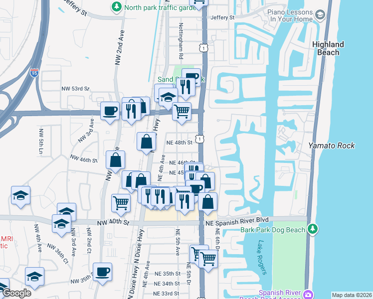 map of restaurants, bars, coffee shops, grocery stores, and more near 559 Northeast 46th Street in Boca Raton
