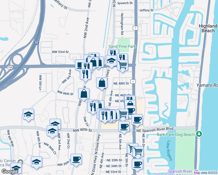 map of restaurants, bars, coffee shops, grocery stores, and more near 4650 North Dixie Highway in Boca Raton