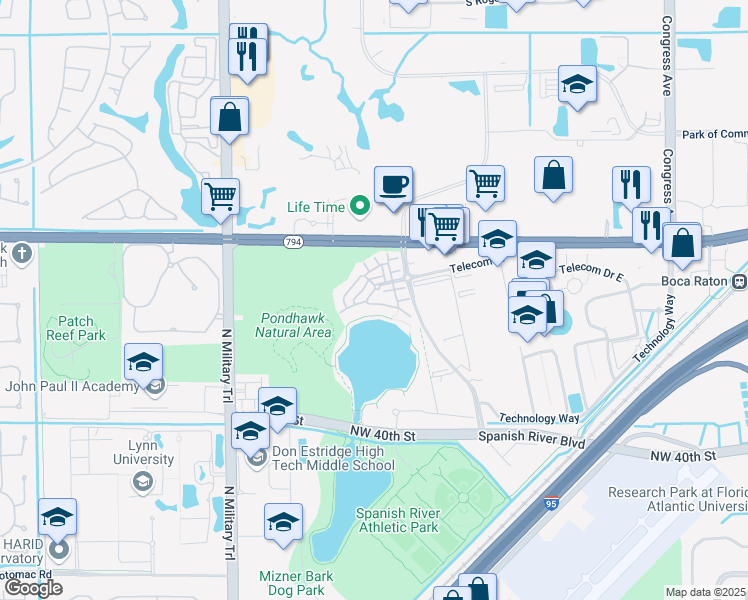 map of restaurants, bars, coffee shops, grocery stores, and more near 1520 Northwest 48th Lane in Boca Raton