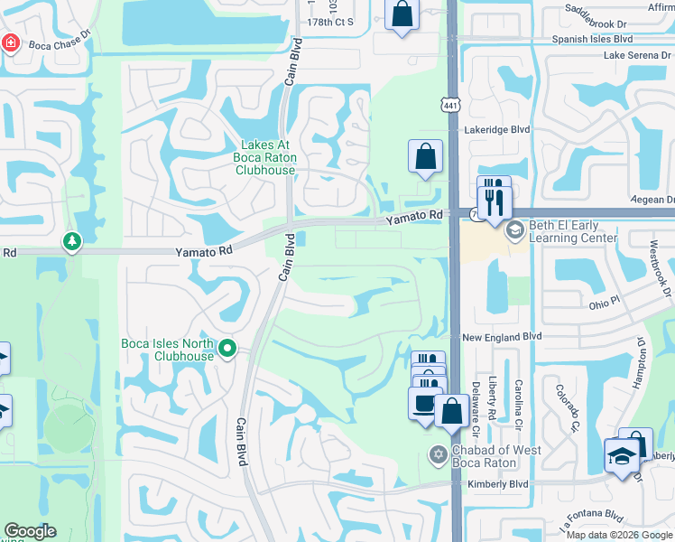 map of restaurants, bars, coffee shops, grocery stores, and more near 10385 Milburn Lane in Boca Raton