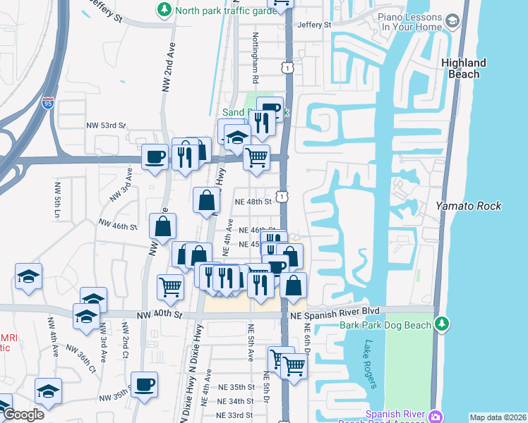 map of restaurants, bars, coffee shops, grocery stores, and more near 559 Northeast 46th Street in Boca Raton