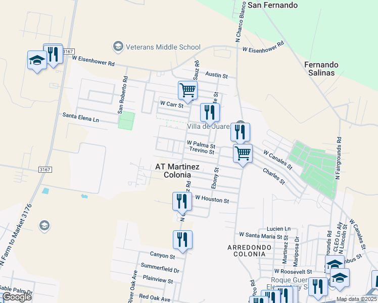 map of restaurants, bars, coffee shops, grocery stores, and more near 1786 West Palma Street in Rio Grande City
