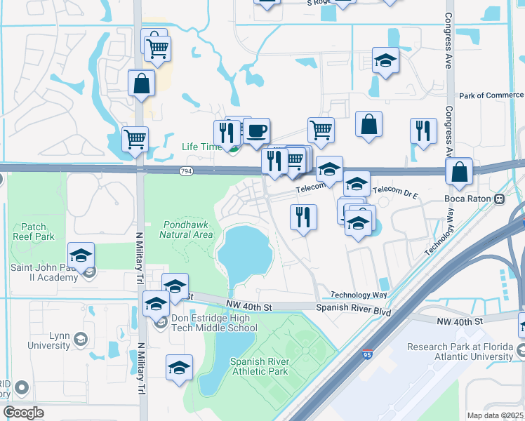 map of restaurants, bars, coffee shops, grocery stores, and more near 1408 Northwest Broken Sound Boulevard in Boca Raton