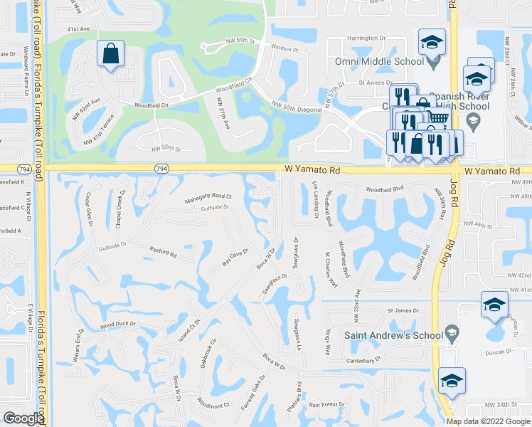 map of restaurants, bars, coffee shops, grocery stores, and more near 19273 Sabal Lake Drive in Boca Raton