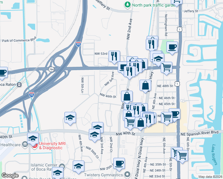 map of restaurants, bars, coffee shops, grocery stores, and more near 4760 Northwest 2nd Terrace in Boca Raton