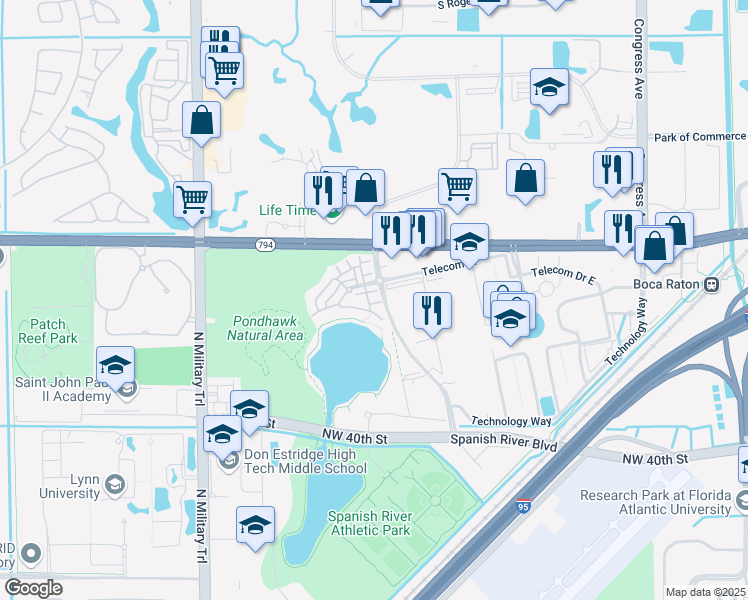 map of restaurants, bars, coffee shops, grocery stores, and more near 1408 Northwest Broken Sound Boulevard in Boca Raton