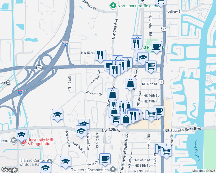 map of restaurants, bars, coffee shops, grocery stores, and more near 4731 Northwest 2nd Avenue in Boca Raton