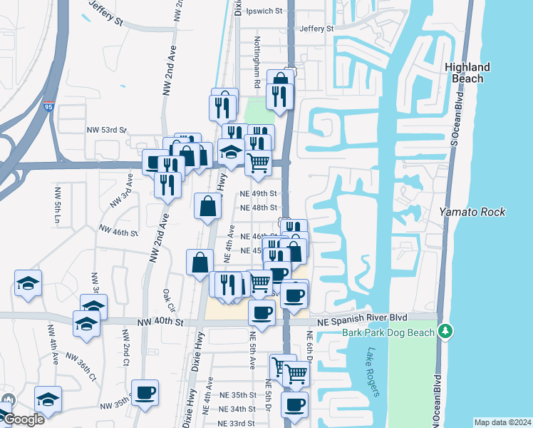 map of restaurants, bars, coffee shops, grocery stores, and more near 559 Northeast 48th Street in Boca Raton