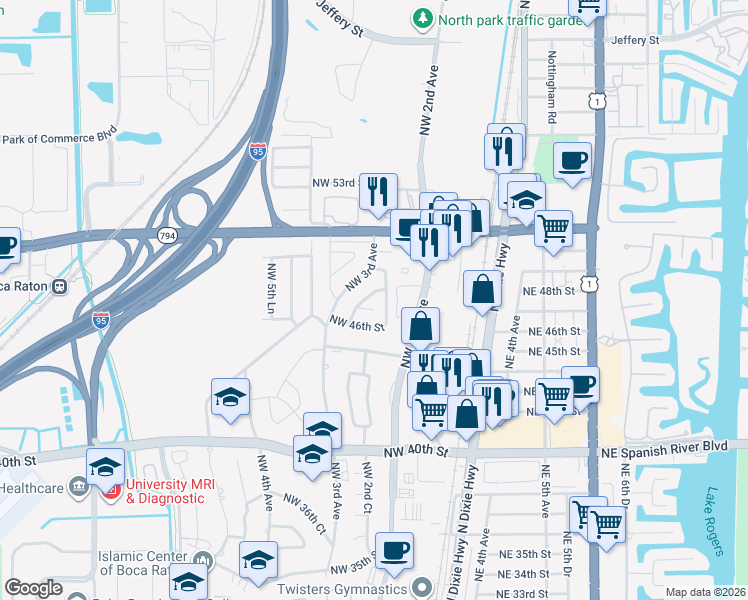map of restaurants, bars, coffee shops, grocery stores, and more near 4900 Northwest 3rd Avenue in Boca Raton
