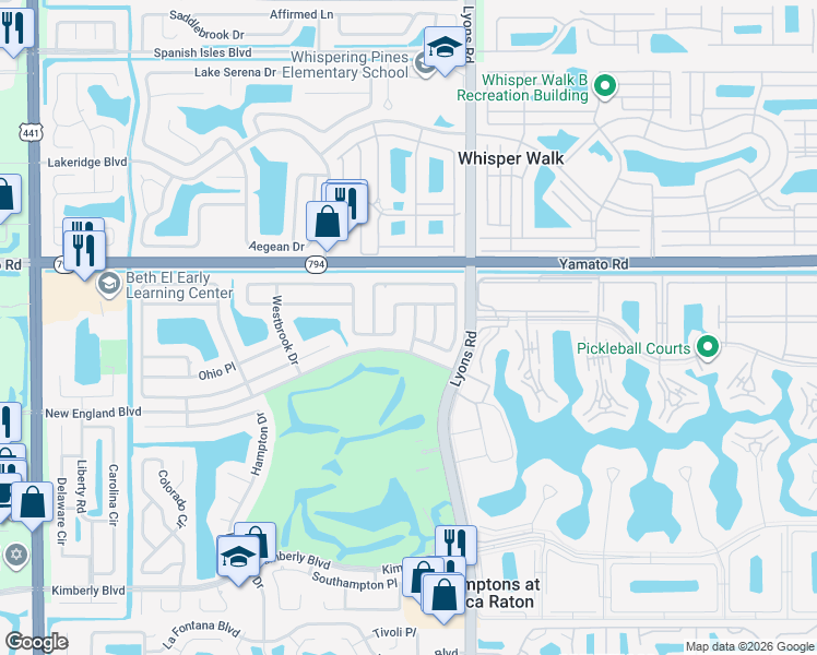 map of restaurants, bars, coffee shops, grocery stores, and more near 19096 Fairlawn Way in Boca Raton