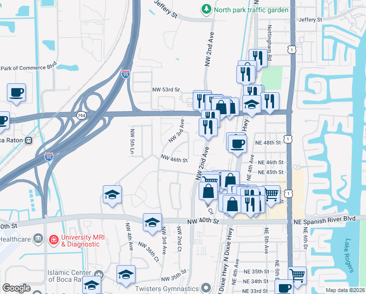 map of restaurants, bars, coffee shops, grocery stores, and more near 4900 Northwest 3rd Avenue in Boca Raton