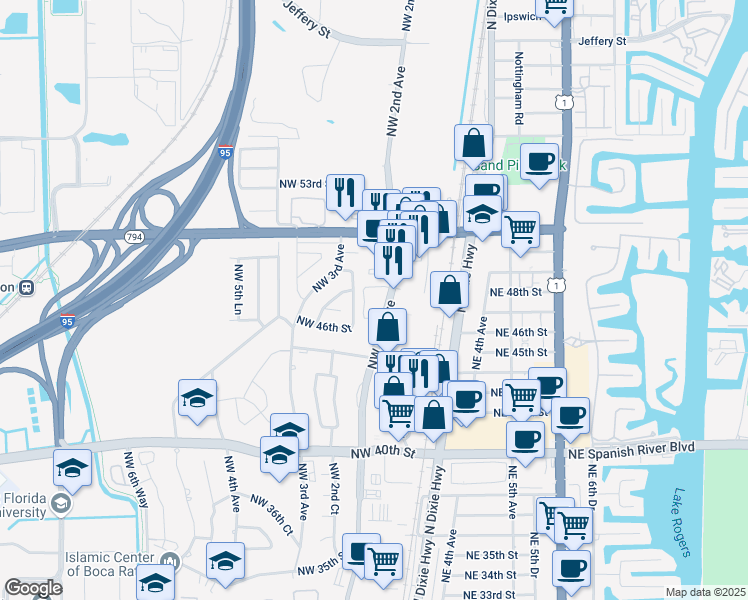 map of restaurants, bars, coffee shops, grocery stores, and more near 4880 Northwest 2nd Court in Boca Raton