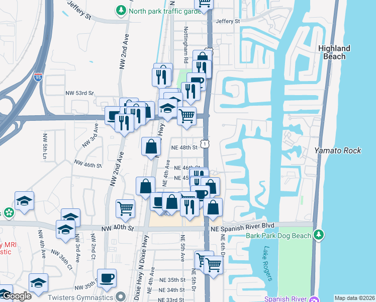 map of restaurants, bars, coffee shops, grocery stores, and more near 559 Northeast 48th Street in Boca Raton