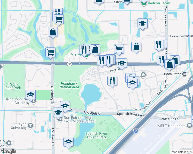 map of restaurants, bars, coffee shops, grocery stores, and more near 1408 Northwest Broken Sound Boulevard in Boca Raton