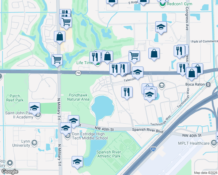 map of restaurants, bars, coffee shops, grocery stores, and more near 1408 Northwest Broken Sound Boulevard in Boca Raton