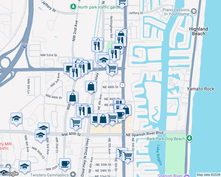 map of restaurants, bars, coffee shops, grocery stores, and more near 4801 Northeast 5th Avenue in Boca Raton