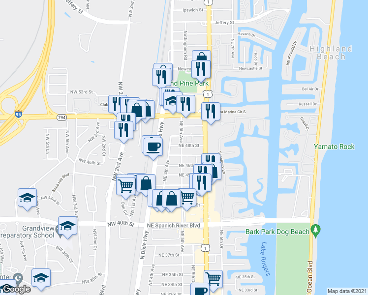 map of restaurants, bars, coffee shops, grocery stores, and more near 4801 Northeast 5th Avenue in Boca Raton