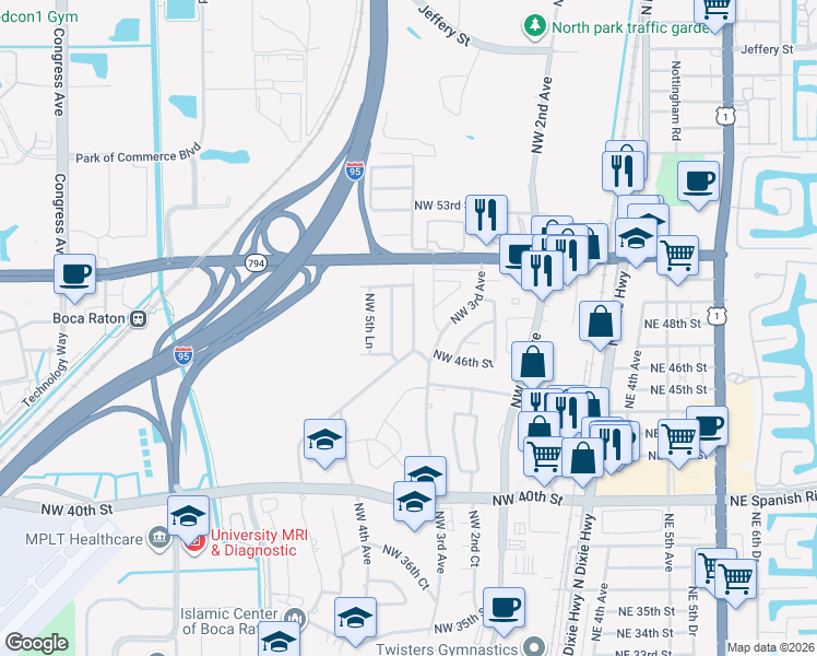 map of restaurants, bars, coffee shops, grocery stores, and more near 4778 Northwest 5th Terrace in Boca Raton