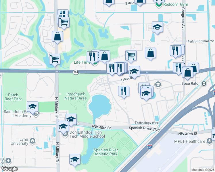 map of restaurants, bars, coffee shops, grocery stores, and more near 1408 Northwest Broken Sound Boulevard in Boca Raton