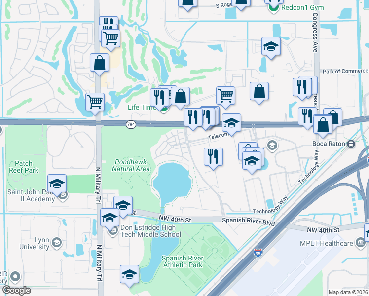 map of restaurants, bars, coffee shops, grocery stores, and more near 1408 Northwest Broken Sound Boulevard in Boca Raton