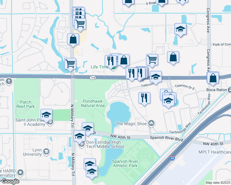 map of restaurants, bars, coffee shops, grocery stores, and more near 1550 Northwest 49th Lane in Boca Raton