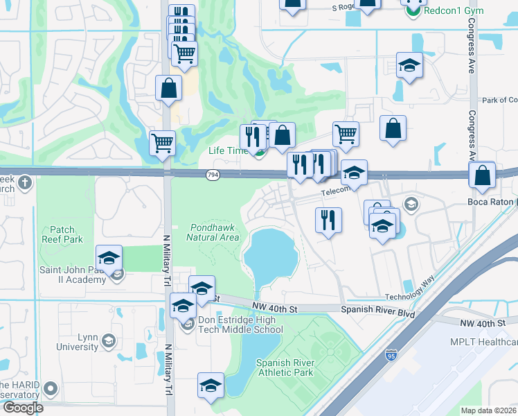 map of restaurants, bars, coffee shops, grocery stores, and more near 1550 Northwest 49th Lane in Boca Raton