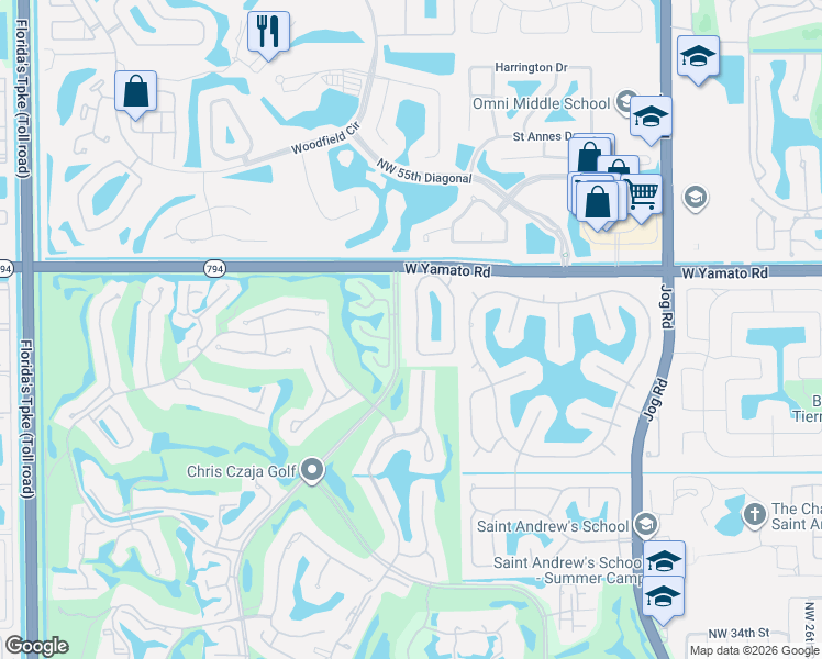map of restaurants, bars, coffee shops, grocery stores, and more near 19080 Fox Landing Drive in Boca Raton
