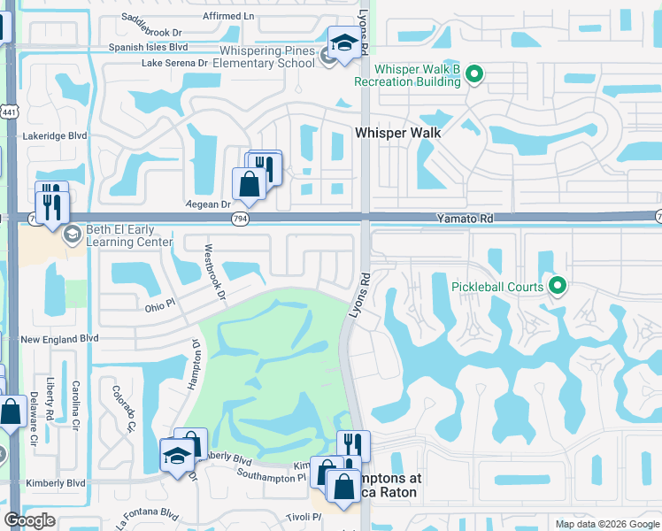 map of restaurants, bars, coffee shops, grocery stores, and more near 19096 Fairlawn Way in Boca Raton