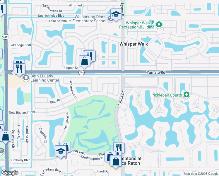 map of restaurants, bars, coffee shops, grocery stores, and more near 19096 Fairlawn Way in Boca Raton
