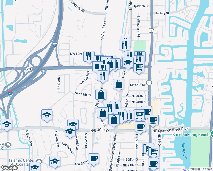map of restaurants, bars, coffee shops, grocery stores, and more near 4742 Northwest 2nd Avenue in Boca Raton