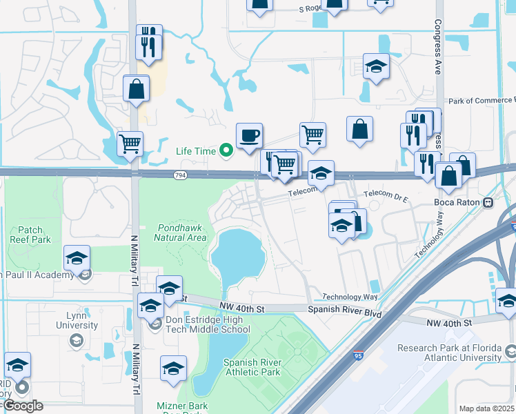 map of restaurants, bars, coffee shops, grocery stores, and more near 1408 Northwest Broken Sound Boulevard in Boca Raton