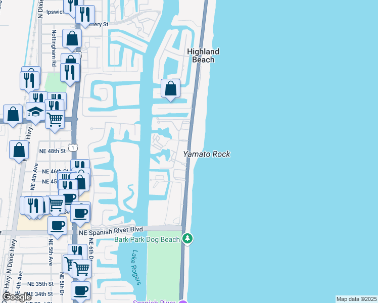 map of restaurants, bars, coffee shops, grocery stores, and more near in Highland Beach