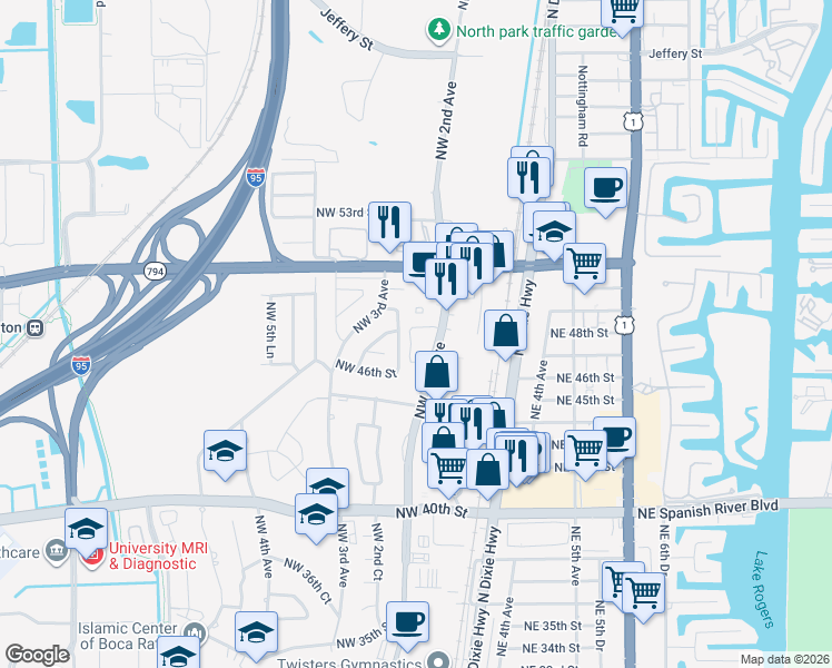 map of restaurants, bars, coffee shops, grocery stores, and more near 4880 Northwest 2nd Court in Boca Raton