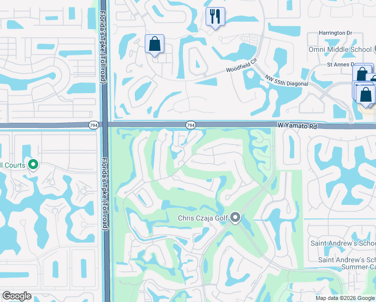 map of restaurants, bars, coffee shops, grocery stores, and more near 19452 Waters Reach Lane in Boca Raton