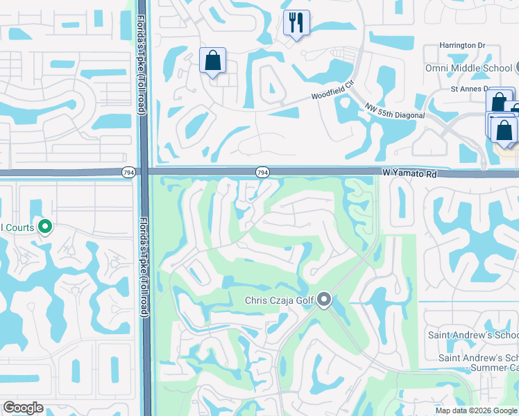 map of restaurants, bars, coffee shops, grocery stores, and more near 19452 Waters Reach Lane in Boca Raton