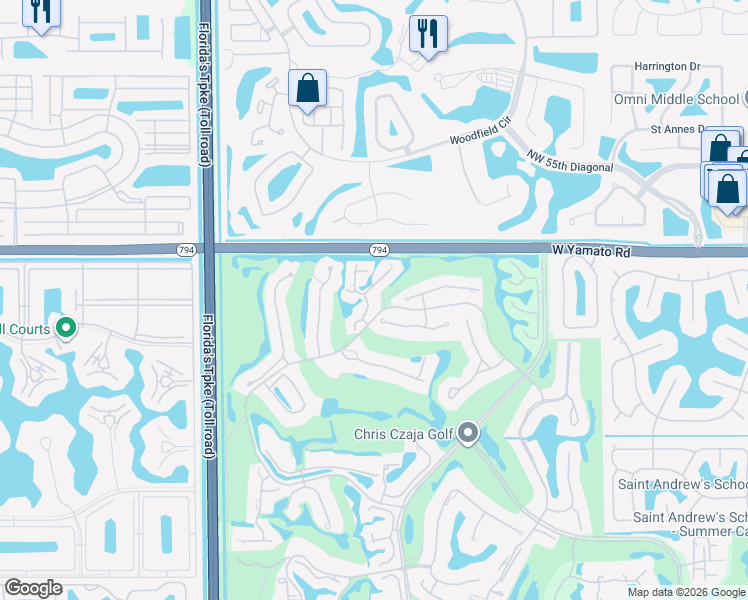 map of restaurants, bars, coffee shops, grocery stores, and more near 19452 Waters Reach Lane in Boca Raton