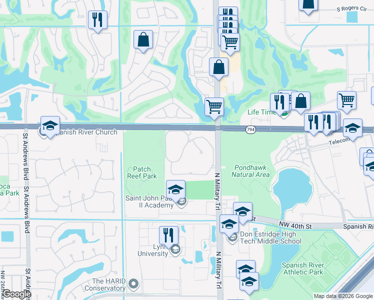 map of restaurants, bars, coffee shops, grocery stores, and more near 5006 Northwest 24th Circle in Boca Raton