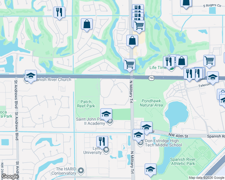 map of restaurants, bars, coffee shops, grocery stores, and more near 5006 Northwest 24th Circle in Boca Raton