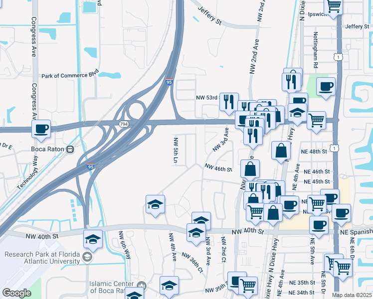 map of restaurants, bars, coffee shops, grocery stores, and more near 4778 Northwest 5th Terrace in Boca Raton