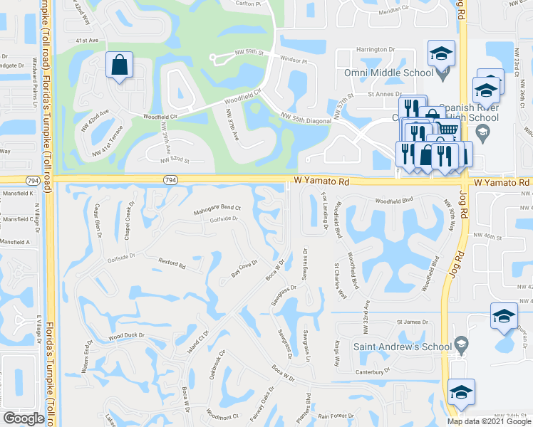 map of restaurants, bars, coffee shops, grocery stores, and more near 19273 Sabal Lake Drive in Boca Raton