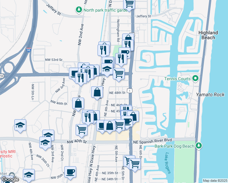 map of restaurants, bars, coffee shops, grocery stores, and more near 4801 Northeast 5th Avenue in Boca Raton