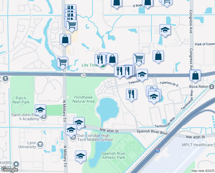 map of restaurants, bars, coffee shops, grocery stores, and more near 1550 Northwest 49th Lane in Boca Raton