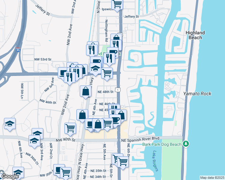 map of restaurants, bars, coffee shops, grocery stores, and more near 559 Northeast 48th Street in Boca Raton