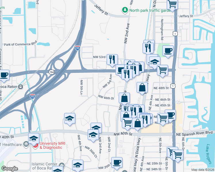 map of restaurants, bars, coffee shops, grocery stores, and more near 4900 Northwest 3rd Avenue in Boca Raton